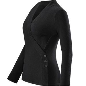 CAbi Ballet Wrap Cardigan Sweater in Black Size L Side-Button Angora Blend